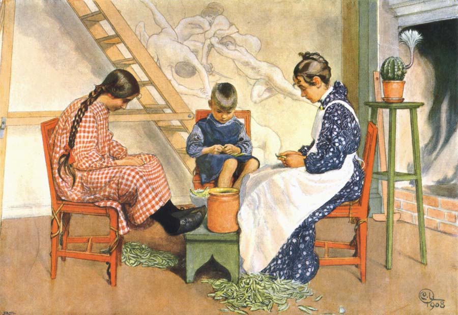 Carl Larsson Shelling Peas Watercolor